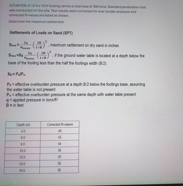 SITUATION: A 12 ft x 10 ft footing carries a total load of 300 tons. Standard penetration test
was conducted on the site. Test results were corrected for over burden pressure and
corrected N-values are listed as shown.
Determine the maximum settlement.
Settlements of Loads on Sand (SPT)
29
Smar =
2B
), maximum settlement on dry sand in inches
Njowest
1+B.
29
2B
) , if the ground water table is located at a depth below the
Njowest
Smax =Xe
1+B
base of the footing less than the half the footings width (B/2).
XB = Pa/Pw
Pa = effective overburden pressure at a depth B/2 below the footings base, assuming
the water table is not present
Pw = effective overburden pressure at the same depth with water table present
q = applied pressure in tons/ft?
B = in feet
Depth (m)
Corrected N-values
4.0
40
6.0
42
8.0
44
10.0
36
120
39
14.0
36
16.0
36
