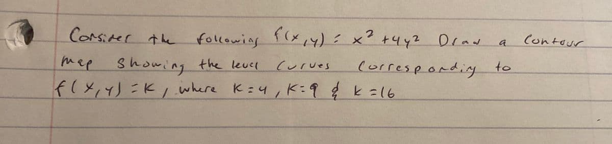 COrsiter the following f(x,4)= x² +4y? Draw a
f(x,4)= x²+442 Draw
Contour
showing the lkuce
flx,)こK/ where K:4,K:98と216
mep
(urves
correspording
to
