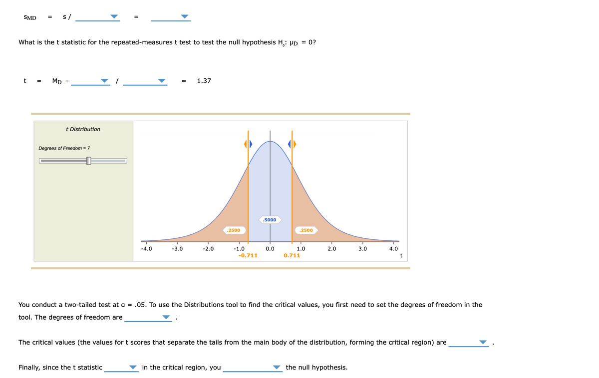 SMD
S/
What is the t statistic for the repeated-measures t test to test the null hypothesis H₂: µd = 0?
t
= MD -
=
1.37
t Distribution
Degrees of Freedom = 7
T
T
T
-4.0
-3.0
-2.0
2.0
3.0
-0.711
0.711
t
You conduct a two-tailed test at a = .05. To use the Distributions tool to find the critical values, you first need to set the degrees of freedom in the
tool. The degrees of freedom are
The critical values (the values for t scores that separate the tails from the main body of the distribution, forming the critical region) are
Finally, since the t statistic
in the critical region, you
the null hypothesis.
.2500
-1.0
.5000
0.0
.2500
T
1.0
4.0