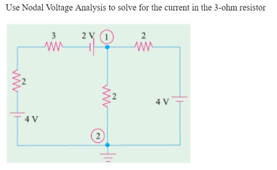 Use Nodal Voltage Analysis to solve for the current in the 3-ohm resistor
3
2 V (1)
2
4 V
4 V
(2)
ww
