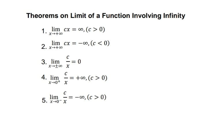 Theorems on Limit of a Function Involving Infinity
1. lim cx = ∞, (c > 0)
x→+0
lim cx = -∞, (c < 0)
2. x++0
3. lim
--
C
4. lim
x-0+ x
= +∞, (c > 0)
lim
5. x-0- x
= -0, (c > 0)
