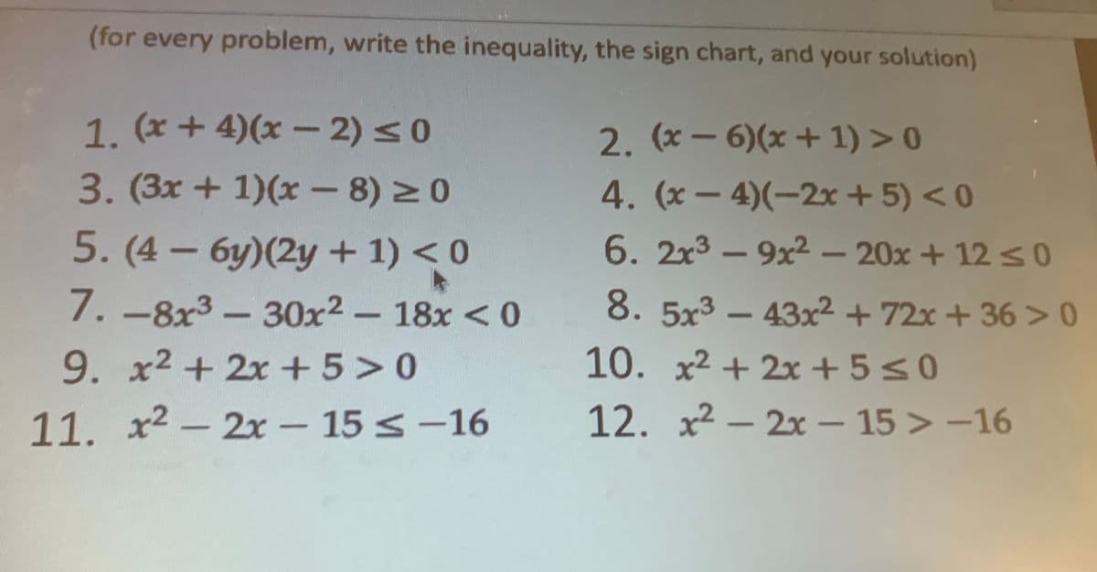 (for every problem, write the inequality, the sign chart, and your solution)
1. (x + 4)(x – 2)s0
2. (x-6)(x + 1) > 0
3. (3x +1)(x
- 8) 20
4.(x-4)(-2x + 5) <0
5.(4-6y)(2y + 1) <0
6.2x3 – 9x2 – 20x + 12 s0
7.-8x3-30x2-18x <0
8. 5x3 – 43x² + 72x + 36 >0
-
9. x2 + 2x +5>0
10. x² + 2x +5<0
11. x2 - 2x – 15 s –16
12. x2 – 2x – 15 > -16
