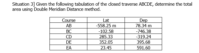 Situation 3] Given the following tabulation of the dlosed traverse ABCDE, determine the total
area using Double Meridian Distance method.
Course
АВ
Lat
Dep
78.34 m
-558.25 m
BC
-102.58
-746.38
CD
285.33
-319.24
395.68
DE
352.05
EA
23.45
591.60
