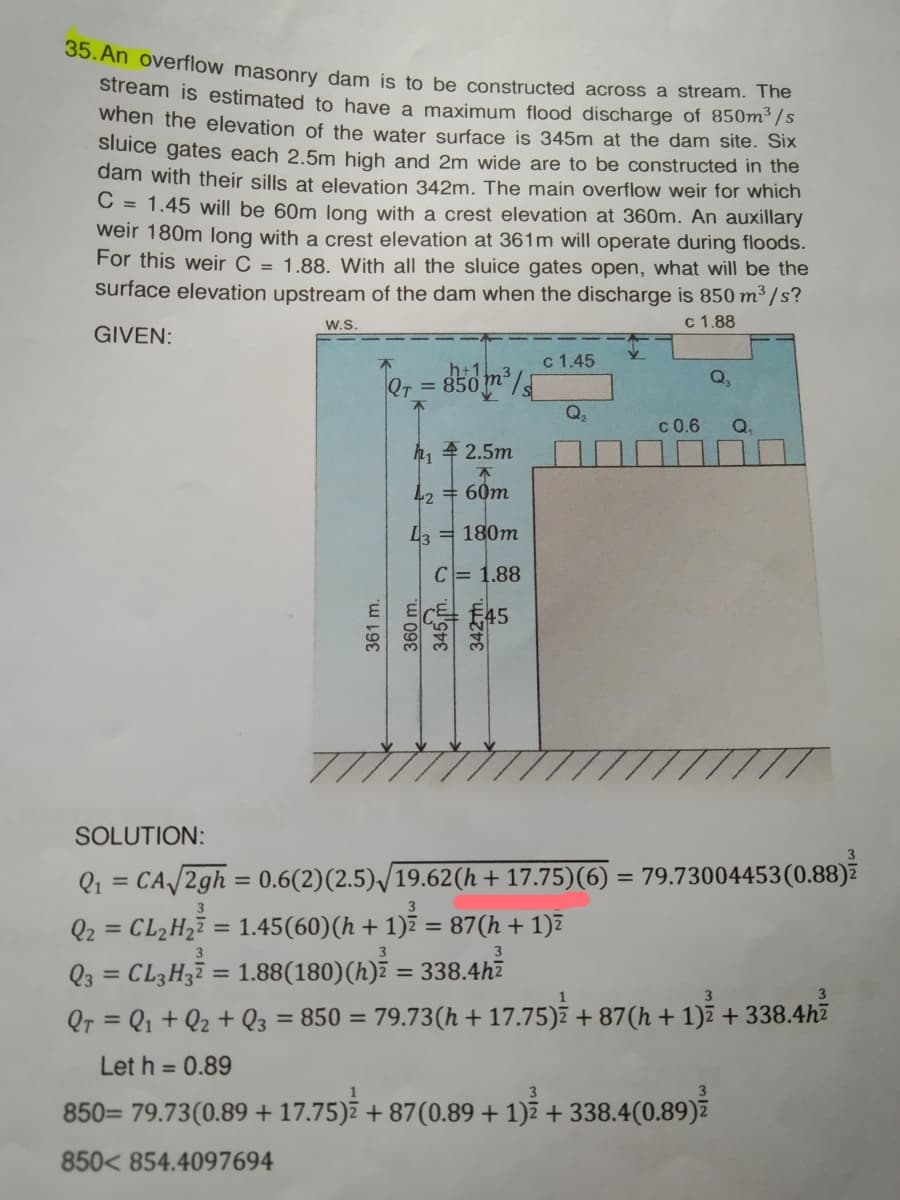 35. An overflow masonry dam is to be constructed across a stream. The
stream is estimated to have a maximum flood discharge of 850m²/s
when the elevation of the water surface is 345m at the dam site. Six
siuice gates each 2.5m high and 2m wide are to be constructed in the
dam with their sills at elevation 342m. The main overflow weir for which
C = 1.45 will be 60m long with a crest elevation at 360m. An auxillary
weir 180m long with a crest elevation at 361m will operate during floods.
For this weir C = 1.88. With all the sluice gates open, what will be the
surface elevation upstream of the dam when the discharge is 850 m³ /s?
c 1.88
w.S.
GIVEN:
c 1.45
h+1
Qr = 850
Q,
Q2
c 0.6
Q,
h, 4 2.5m
42 = 60m
L3 = 180m
C= 1.88
E45
SOLUTION:
3
Q1 = CA/2gh = 0.6(2)(2.5),/19.62(h+ 17.75)(6) = 79.73004453(0.88)ž
%3D
3
3
Q2 = CL2H27 = 1.45(60)(h + 1)7 = 87(h + 1)7
%3D
3
Q3 = CL3H37 = 1.88(180)(h)ĩ = 338.4h.
%3D
%3D
1
3
Qr = Q1 + Q2 + Q3 = 850 = 79.73(h + 17.75)z + 87(h + 1)ž + 338.4h7
%3D
Let h = 0.89
3
3
850= 79.73(0.89 + 17.75)ē + 87(0.89 + 1)ž + 338.4(0.89)7
850< 854.4097694
361 m.
360m.
