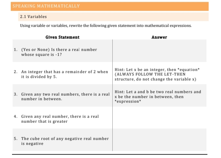 SPEAKING MATHEMATICALLY
2.1 Variables
Using variable or variables, rewrite the following given statement into mathematical expressions.
Given Statement
Answer
1. (Yes or None) Is there a real number
whose square is -1?
Hint: Let x be an integer, then *equation*
(ALWAYS FOLLOW the Let-theN
structure, do not change the variable x)
2. An integer that has a remainder of 2 when
it is divided by 5.
Hint: Let a and b be two real numbers and
3. Given any two real numbers, there is a real x be the number in between, then
number in between.
*expression*
4. Given any real number, there is a real
number that is greater
5. The cube root of any negative real number
is negative
