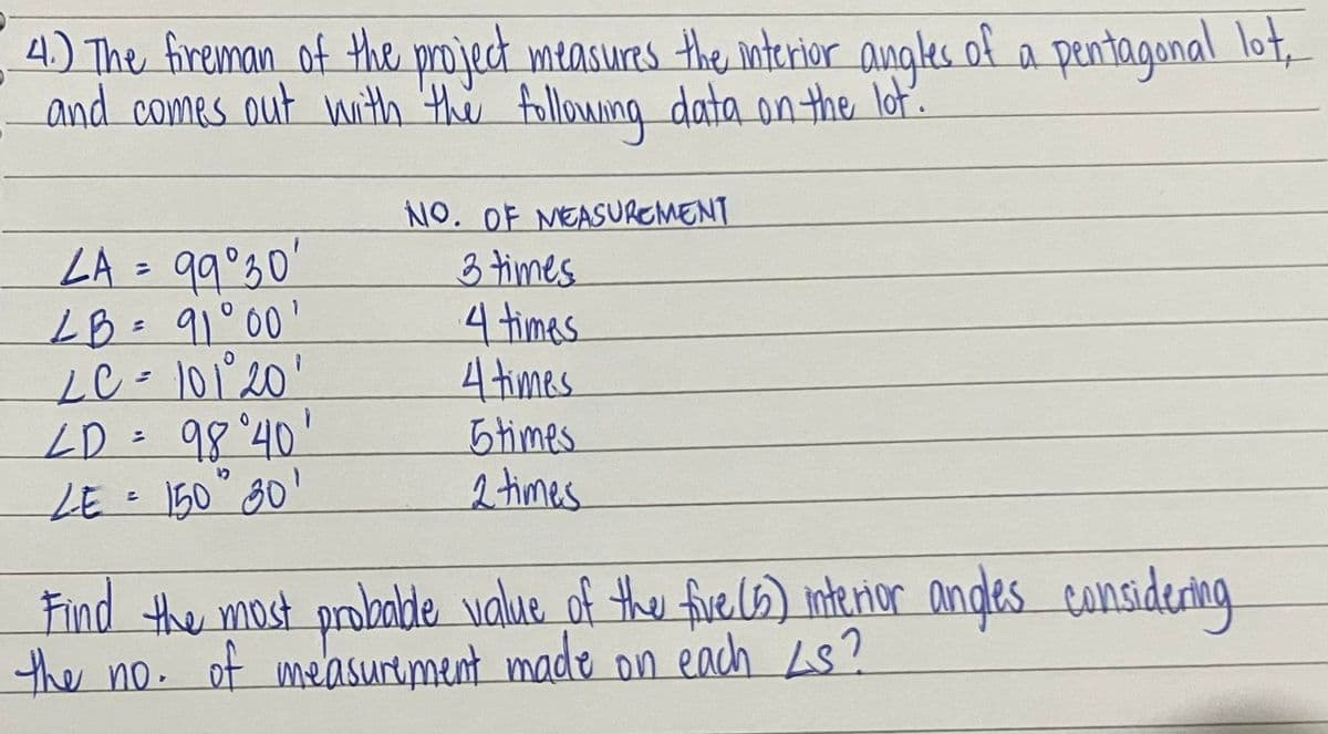 4.) The fireman of the project measures the interior angles of a pentagonal lot,
and comes out with the following data on the lot.
LA = 99°30'
LB = 91°00'
LC = 101°20'
LD = 98°40'
LE = 150" 30¹
NO. OF MEASUREMENT
3 times
4 times.
4 times
5 times
2 times
Find the most probable value of the five (5) interior andles considering
the no. of measurement made on each Ls?