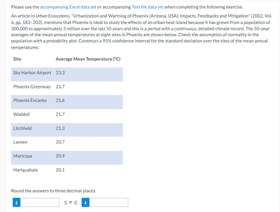 Please use the accompanying Excel data set or accompanying Text file data set when completing the following exercise.
An article in Urban Ecosystems, "Urbanization and Warming of Phoenix (Arizona, USA): Impacts, Feedbacks and Mitigation" (2002, Vol.
6, pp. 183-203), mentions that Phoenix is ideal to study the effects of an urban heat island because it has grown from a population of
300,000 to approximately 3 million over the last 50 years and this is a period with a continuous, detailed climate record. The 50-year
averages of the mean annual temperatures at eight sites in Phoenix are shown below. Check the assumption of normality in the
population with a probability plot. Construct a 95% confidence interval for the standard deviation over the sites of the mean annual
temperatures.
Average Mean Temperature (°C)
Sky Harbor Airport
23.3
Phoenix Greenway 21.7
Phoenix Encanto 21.6
Site
Waddell
Litchfield
Laveen
Maricopa
Harlquahala
21.7
21.3
20.7
20.9
20.1
Round the answers to three decimal places.
sos i
