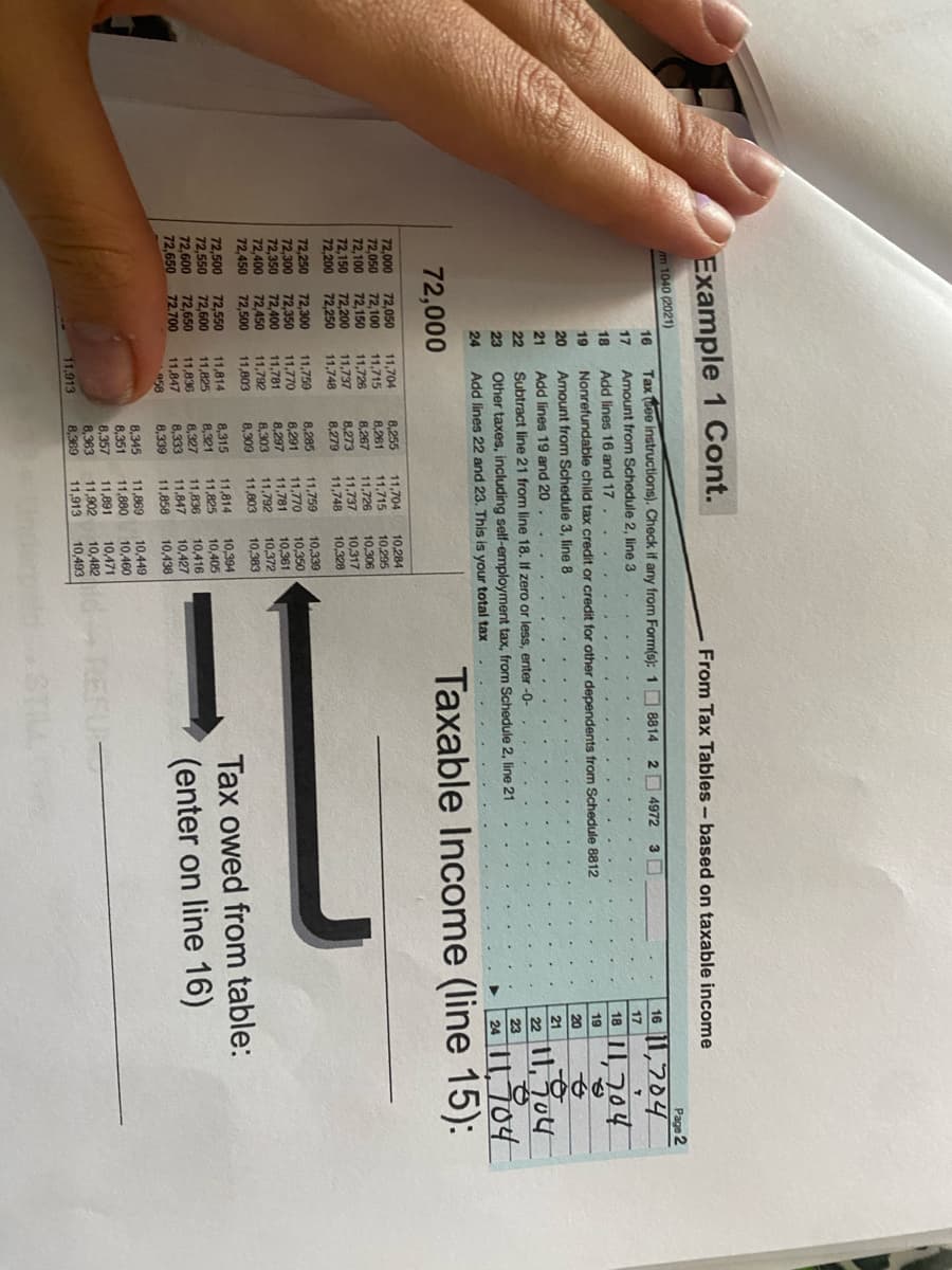 Example 1 Cont.
m 1040 (2021)
72,000
72,000
72,050
72,100 72,150
72,150
72,200
72,250
72,300
72,350
72,400
72,450
16
17
18
19
20
21
22
23
24
72,200
72,250
11,704
8,255
11,704
72,050
11,715
72,100
8,261
11,715
11,726
8,267
11,726
11,737
11,748
Tax ee instructions). Check if any from Form(s): 1 8814
Amount from Schedule 2, line 3
72,500
72,550
72,550 72,600
72,600
72,650
72,650
72.700
11,737
11,748
Add lines 16 and 17.
Nonrefundable child tax credit or credit for other dependents from Schedule 8812
Amount from Schedule 3, line 8
Add lines 19 and 20.
Subtract line 21 from line 18. If zero or less, enter -0-
Other taxes, including self-employment tax, from Schedule 2, line 21
Add lines 22 and 23. This is your total tax
11,814
11,825
11,836
11,847
958
8,273
8,279
11,759
72,300
8,285
11,759
11,770
8,291
11,770
72,350
72,400
11,781
8,297
11,781
72,450
11,792
11,792
11,803
72,500
11,803
11,913
8,303
8.309
8,315
8,321
8,327
8,333
8,339
11,814
11,825
10,284
10,295
10,306
10,317
10,328
8,345
11,869
8,351 11,880
8,357
8,363
8,369
10,339
10,350
10,361
10,372
10,383
11,891
11,902
11,913
11,836 10,416
11,847
10,427
11,858
10,438
10,394
10,405
From Tax Tables - based on taxable income
10,449
10,460
10,471
10,482
10,493
2 4972
3
16 11,704
17
18
19
20
6
21
o
22 11,704
23
O
24
11,904
Taxable Income (line 15):
Page 2
T
11,704
Tax owed from table:
(enter on line 16)