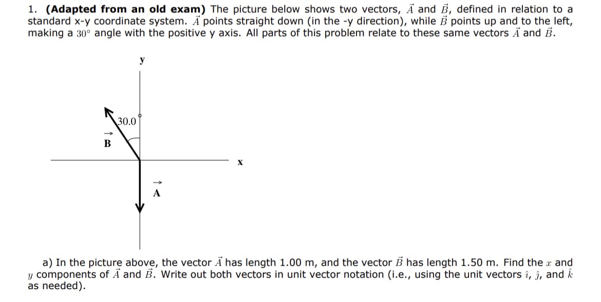 1. (Adapted from an old exam) The picture below shows two vectors, A and B, defined in relation to a
standard x-y coordinate system. A points straight down (in the -y direction), while B points up and to the left,
making a 30° angle with the positive y axis. All parts of this problem relate to these same vectors A and B.
B
30.0
y
a) In the picture above, the vector A has length 1.00 m, and the vector B has length 1.50 m. Find the x and
y components of A and B. Write out both vectors in unit vector notation (i.e., using the unit vectors î, ĵ, and k
as needed).