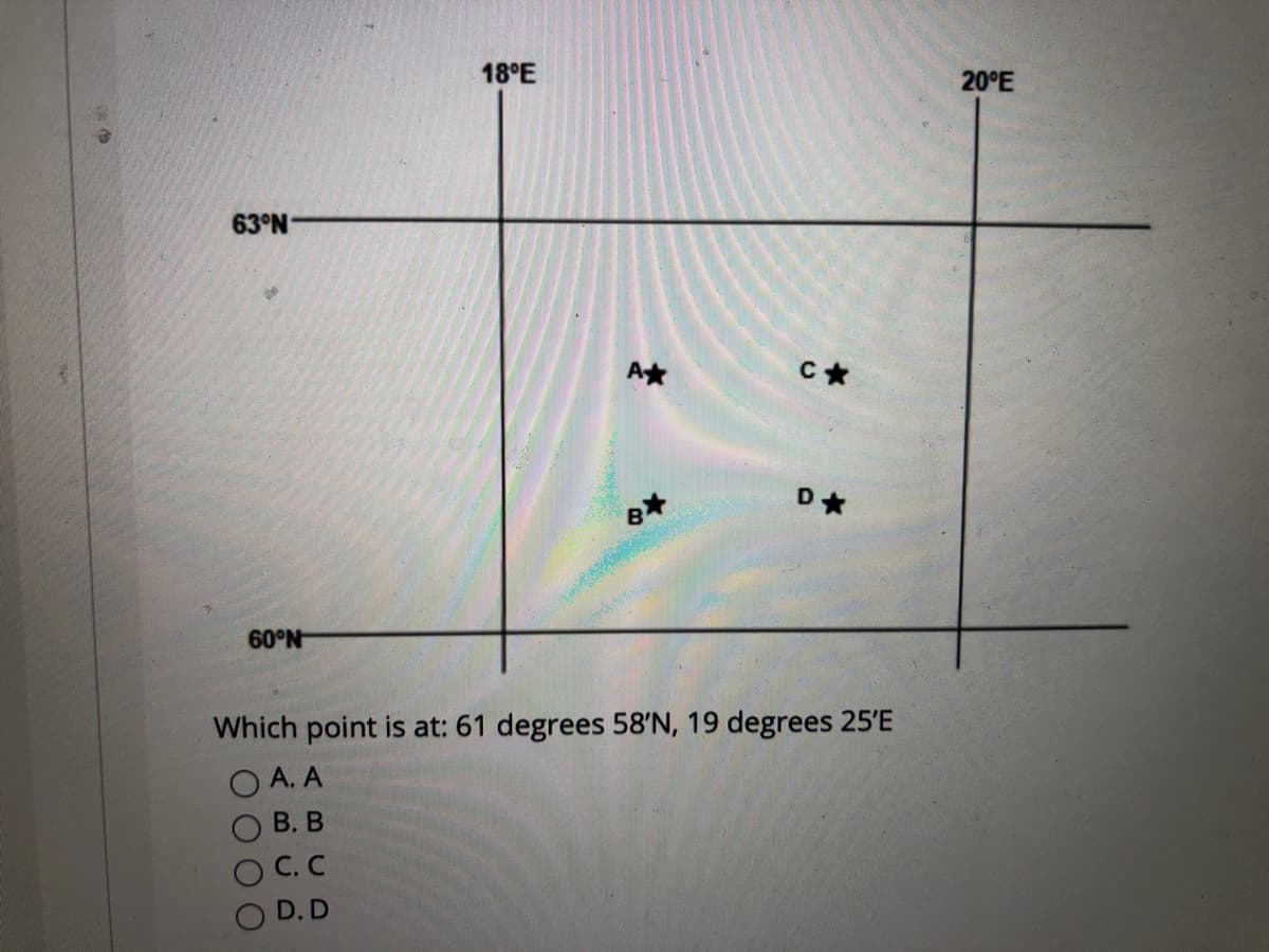 18°E
20°E
63°N
60°N
Which point is at: 61 degrees 58'N, 19 degrees 25'E
O A. A
В. В
O D. D
