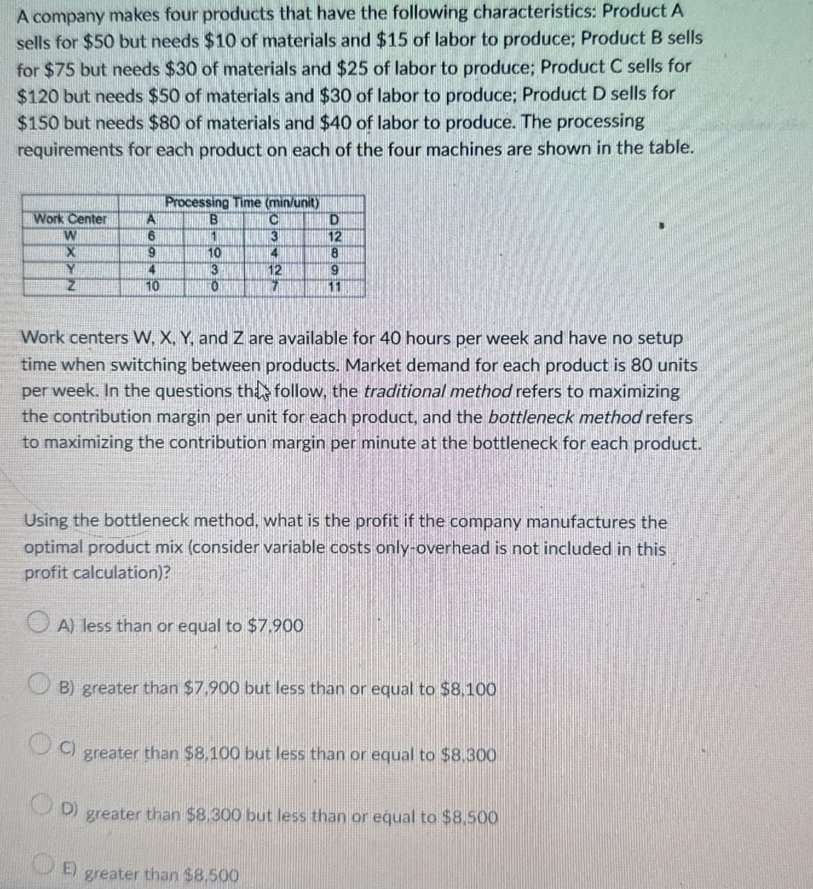 A company makes four products that have the following characteristics: Product A
sells for $50 but needs $10 of materials and $15 of labor to produce; Product B sells
for $75 but needs $30 of materials and $25 of labor to produce; Product C sells for
$120 but needs $50 of materials and $30 of labor to produce; Product D sells for
$150 but needs $80 of materials and $40 of labor to produce. The processing
requirements for each product on each of the four machines are shown in the table.
Processing Time (min/unit)
Work Center
A
B
C
D
W
6
1
3
12
X
9
10
4
8
Y
4
3
12
9
Z
10
ΤΟ
7
11
Work centers W, X, Y, and Z are available for 40 hours per week and have no setup
time when switching between products. Market demand for each product is 80 units
per week. In the questions the follow, the traditional method refers to maximizing
the contribution margin per unit for each product, and the bottleneck method refers
to maximizing the contribution margin per minute at the bottleneck for each product.
Using the bottleneck method, what is the profit if the company manufactures the
optimal product mix (consider variable costs only-overhead is not included in this
profit calculation)?
A) less than or equal to $7,900
B) greater than $7,900 but less than or equal to $8,100
C)
greater than $8,100 but less than or equal to $8,300
D) greater than $8,300 but less than or equal to $8,500
E) greater than $8,500