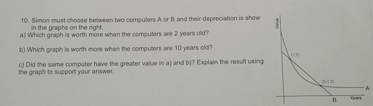 10. Simon must choose between two computers A or B and their depreciation is show
in the graphs on the right.
a) Which graph is worth more when the computers are 2 years old?
b) Which graph is worth more when the computers are 10 years old?
(1,5)
c) Did the same computer have the greater value in a) and b)? Explain the result using
the graph to support your answer.
(5,1.3)
Years
enjeA
