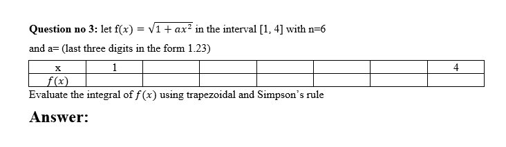 Question no 3: let f(x) = v1 + ax? in the interval [1, 4] with n=6
and a= (last three digits in the form 1.23)
1
4
f (x)
Evaluate the integral of f (x) using trapezoidal and Simpson's rule
Answer:
