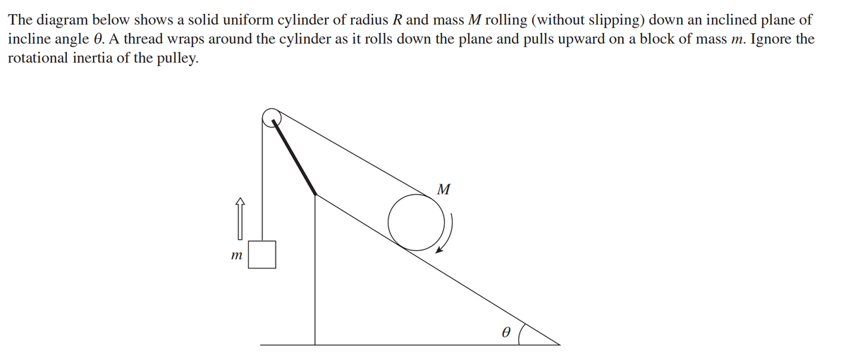 The diagram below shows a solid uniform cylinder of radius R and mass M rolling (without slipping) down an inclined plane of
incline angle 0. A thread wraps around the cylinder as it rolls down the plane and pulls upward on a block of mass m. Ignore the
rotational inertia of the pulley.
M
т
