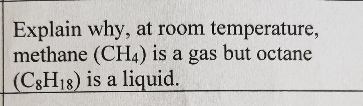 Explain why, at room temperature,
methane (CH4) is a gas but octane
(C3H18) is a liquid.

