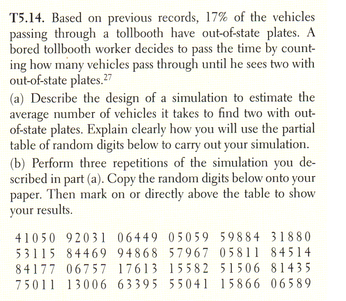 T5.14. Based on previous records, 17% of the vehicles
passing through a tollbooth have out-of-state plates. A
bored tollbooth worker decides to pass the time by count-
ing how many vehicles pass through until he sees two with
out-of-state plates.27
(a) Describe the design of a simulation to estimate the
average number of vehicles it takes to find two with out-
of-state plates. Explain clearly how you will use the partial
table of random digits below to carry out your simulation.
(b) Perform three repetitions of the simulation you de-
scribed in part (a). Copy the random digits below onto your
paper. Then mark on or directly above the table to show
your results.
41050 920 3 1 06449 05059 59884 31880
53115 84469 94868 57967 05811 84514
84177 06757 17613 15582 51506 81435
75011 13006 63395 55041 15866 06589
