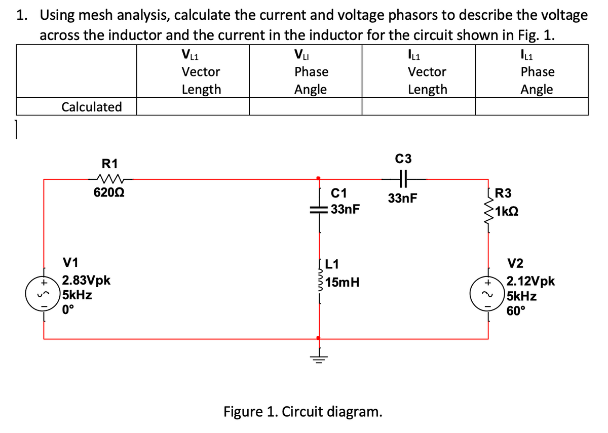 1. Using mesh analysis, calculate the current and voltage phasors to describe the voltage
across the inductor and the current in the inductor for the circuit shown in Fig. 1.
VL1
Vu
Vector
Phase
Vector
Phase
Length
Angle
Length
Angle
Calculated
C3
R1
6202
C1
33nF
(R3
33nF
1kQ
V2
2.12Vpk
5kHz
V1
[L1
2.83Vpk
5kHz
0°
15mH
60°
Figure 1. Circuit diagram.
