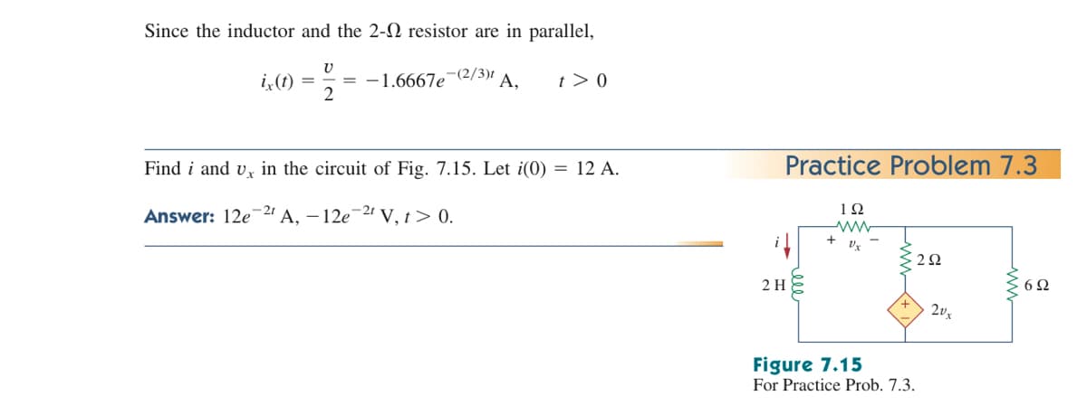 Since the inductor and the 2- resistor are in parallel,
U
ix(t) = -1.6667e-(2/3)t
2
A, t> 0
Find i and vx in the circuit of Fig. 7.15. Let i(0) = 12 A.
Answer: 12e-2t A, -12e-2 V, t > 0.
Practice Problem 7.3
1Ω
www
+Vx-
292
6Ω
2 H
Figure 7.15
For Practice Prob. 7.3.
20x