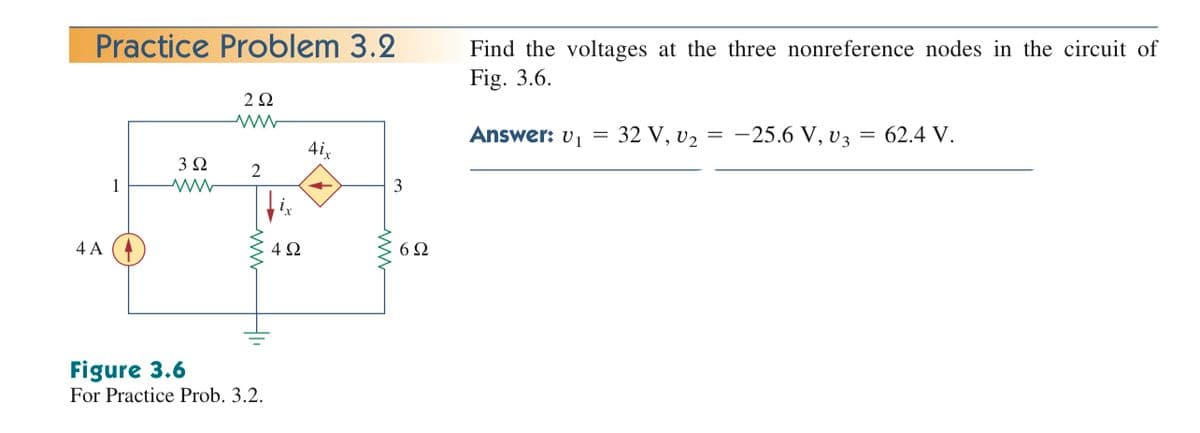 Practice Problem 3.2
Find the voltages at the three nonreference nodes in the circuit of
Fig. 3.6.
2Ω
Answer: v1
32 V, v2
-25.6 V, v3
= 62.4 V.
%3D
4ix
3 2
2
1
3
4 A
4 2
6Ω
Figure 3.6
For Practice Prob. 3.2.
