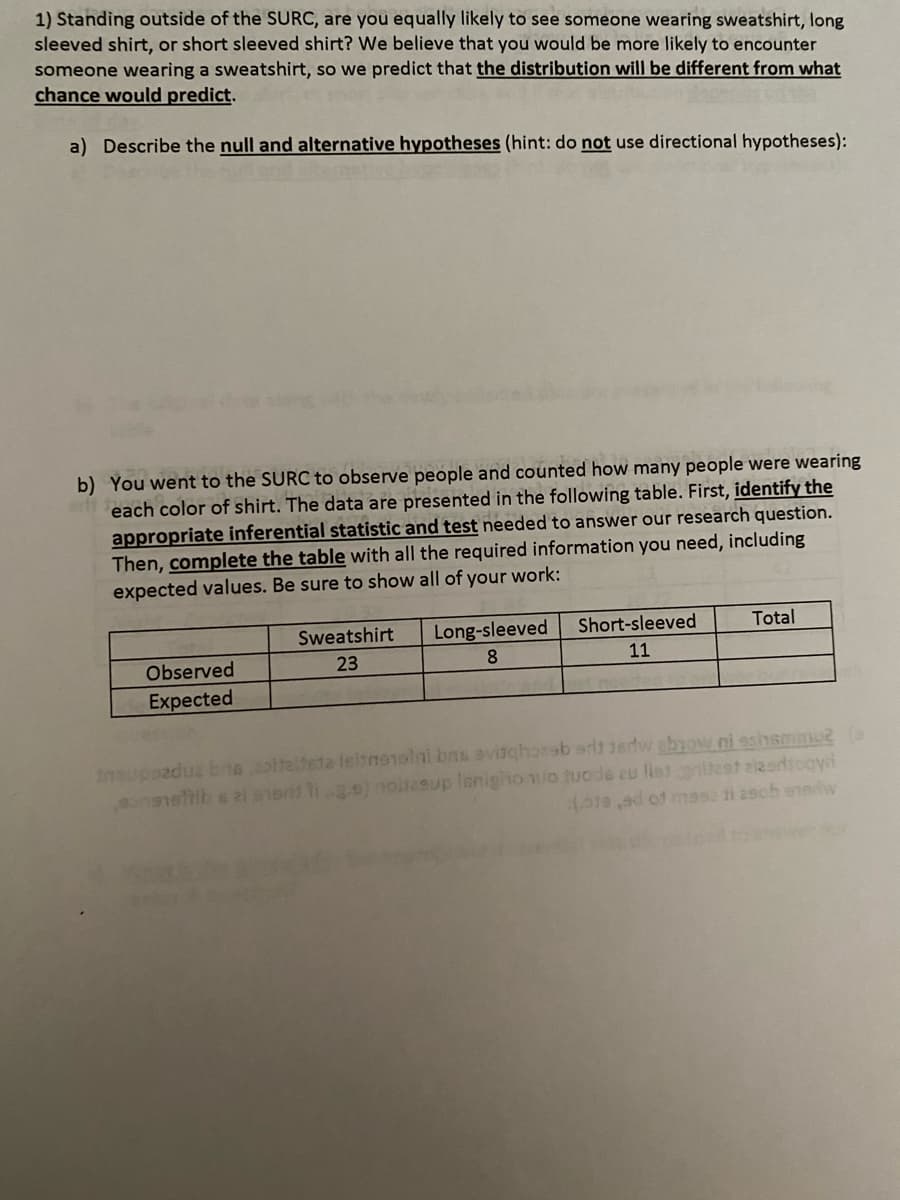 1) Standing outside of the SURC, are you equally likely to see someone wearing sweatshirt, long
sleeved shirt, or short sleeved shirt? We believe that you would be more likely to encounter
someone wearing a sweatshirt, so we predict that the distribution will be different from what
chance would predict.
a) Describe the null and alternative hypotheses (hint: do not use directional hypotheses):
b) You went to the SURC to observe people and counted how many people were wearing
each color of shirt. The data are presented in the following table. First, identify the
appropriate inferential statistic and test needed to answer our research question.
Then, complete the table with all the required information you need, including
expected values. Be sure to show all of your work:
Observed
Expected
Sweatshirt
23
Long-sleeved
8
Short-sleeved
11
Total
ineupoaduz brisapitalista leitmotoini bas avitqhozeb art jedw abrow ni ashemmuz (e
songnettib & 21 sarit lig.s) noliasup lenigho nuo tuode zu flet gnitest zizarsogyri
(519,ad of mes2 11 29ch enerw
