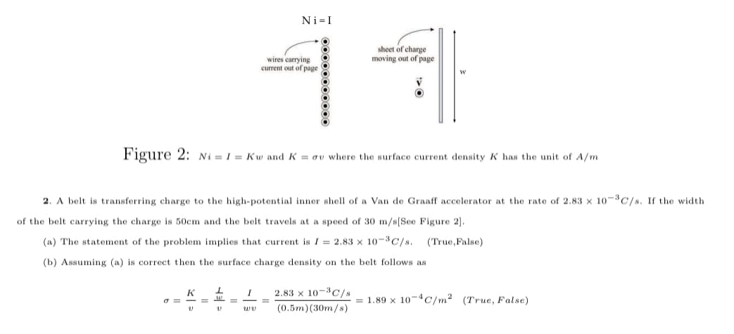 Ni= I
11
sheet of charge
moving out of page
wires carrying
current out of page
Figure 2: Ni = I = Kw and K = ov where the surface current density K has the unit of A/m
2. A belt is transferring charge to the high-potential inner shell of a Van de Graaff accelerator at the rate of 2.83 x 10-C/s. If the width
of the belt carrying the charge is 50cm and the belt travels at a speed of 30 m/s(See Figure 2).
(a) The statement of the problem implies that current is I = 2.83 x 10-3C/s.
(True,False)
(b) Assuming (a) is correct then the surface charge density on the belt follows as
K
= =
2.83 x 10-3C/s
= 1.89 x 10-4C/m² (True, False)
(0.5m) (30m/s)
