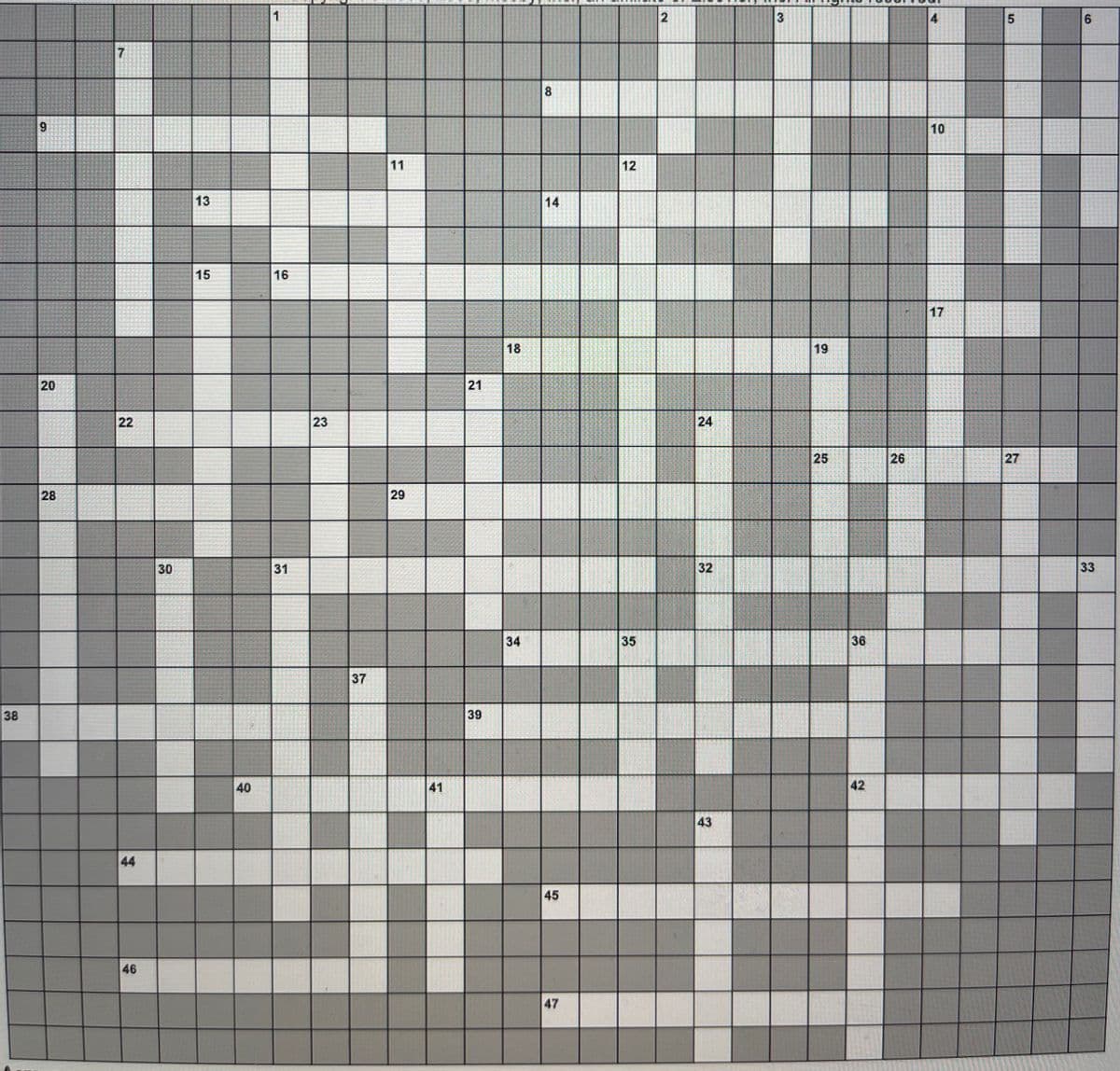 The image shows a blank crossword puzzle grid with numbers marking the starting squares of each word within the puzzle. The puzzle is designed for educational purposes, allowing users to fill in words either horizontally (across) or vertically (down). 

Here is a detailed breakdown of the grid:

1. The grid consists of cells arranged in rows and columns.
2. The grid comprises both white cells (where letters are to be filled in) and gray cells (which act as separators).
3. Each white cell is part of either an Across word or a Down word, or both.
4. The starting cells of words are numbered sequentially.

The numbers and arrangement are as follows:

- **Across Words Start at:**
  - 1, 4, 7, 9, 11, 13, 14, 16, 18, 20, 21, 23, 24, 28, 29, 30, 32, 34, 37, 39, 40, 42, 43, 44, 45, 46.

- **Down Words Start at:**
  - 1, 2, 3, 4, 5, 6, 8, 10, 12, 14, 15, 17, 19, 21, 22, 25, 26, 27, 31, 33, 35, 36, 38, 41, 43, 47.

**Graphical Representation:**

- The grid is 15 columns wide.
- The grid is 15 rows tall.
- Each square in the grid can be referred to by its row and column (for example, the top-left square is (1,1)).
- White squares are to be filled with letters while gray squares are blank spaces acting as separators.

This crossword puzzle layout helps develop vocabulary, spelling, and logical thinking skills in an engaging and interactive manner.