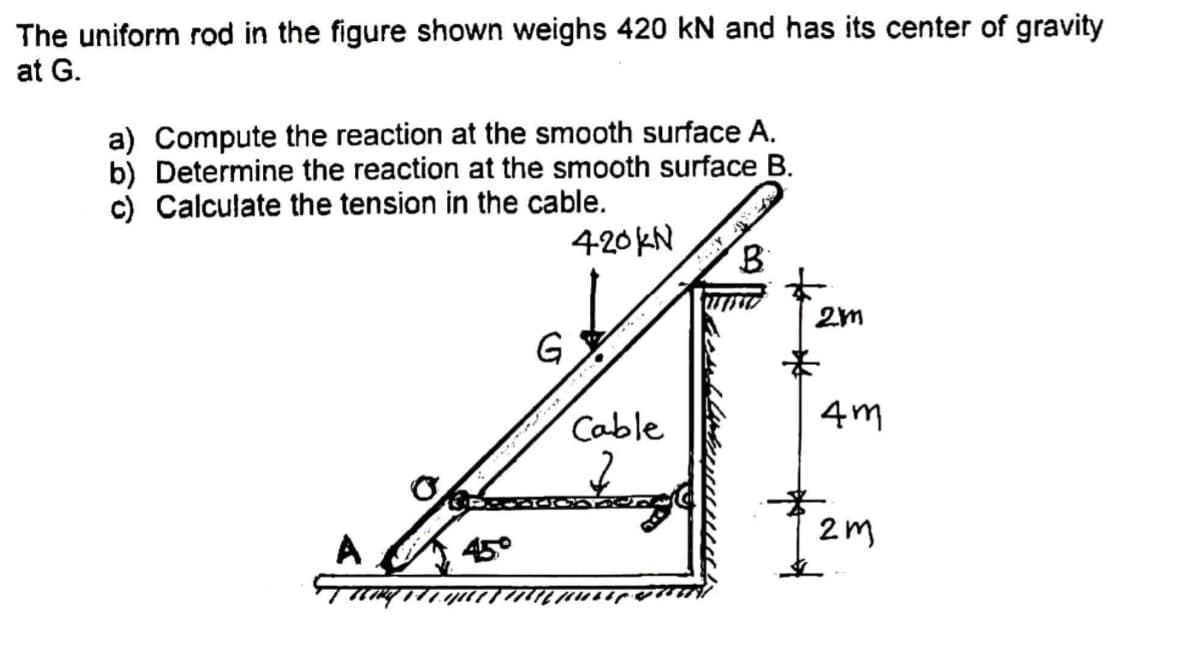 The uniform rod in the figure shown weighs 420 kN and has its center of gravity
at G.
a) Compute the reaction at the smooth surface A.
b) Determine the reaction at the smooth surface B.
c) Calculate the tension in the cable.
420KN
G
Cable
4m
2 m
