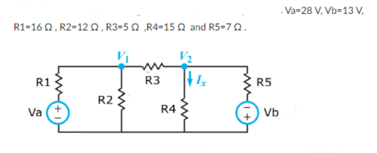 R1-16 Q2, R2=122, R3-5 2, R4-15 Q and R5-70.
V2
Va-28 V, Vb=13 V,
R1
R2
Va
ww
R3
Ix
R5
R4
Vb