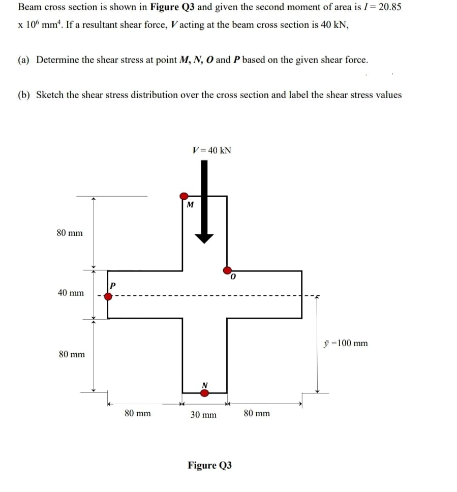 Beam cross section is shown in Figure Q3 and given the second moment of area is I= 20.85
x 106 mm*. If a resultant shear force, Vacting at the beam cross section is 40 kN,
(a) Determine the shear stress at point M, N, O and P based on the given shear force.
(b) Sketch the shear stress distribution over the cross section and label the shear stress values
V= 40 kN
M
80 mm
40 mm
y =100 mm
80 mm
80 mm
30 mm
80 mm
Figure Q3
