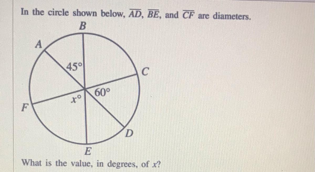 In the circle shown below, AD, BE, and CF are diameters.
A
45°
60°
E
What is the value, in degrees, of x?
