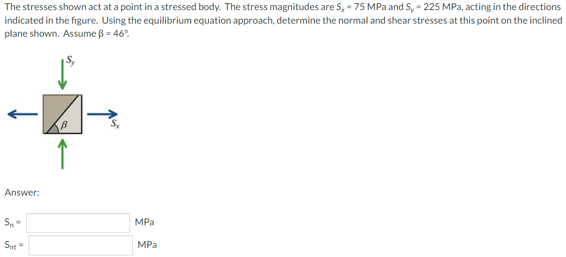 The stresses shown act at a point in a stressed body. The stress magnitudes are Sy = 75 MPa and S, = 225 MPa, acting in the directions
indicated in the figure. Using the equilibrium equation approach, determine the normal and shear stresses at this point on the inclined
plane shown. Assume B = 46°.
S
↑
Answer:
Sn =
MPa
Snt =
MPa
