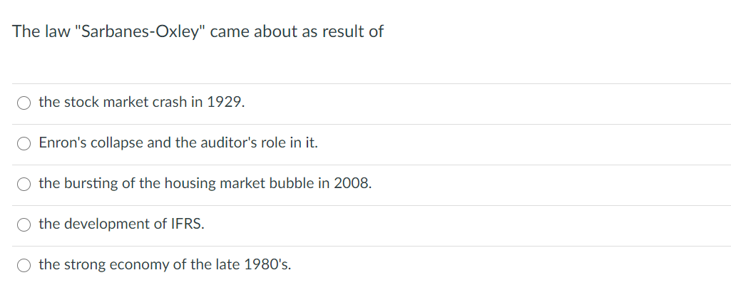 The law "Sarbanes-Oxley" came about as result of
the stock market crash in 1929.
Enron's collapse and the auditor's role in it.
the bursting of the housing market bubble in 2008.
O the development of IFRS.
the strong economy of the late 1980's.
