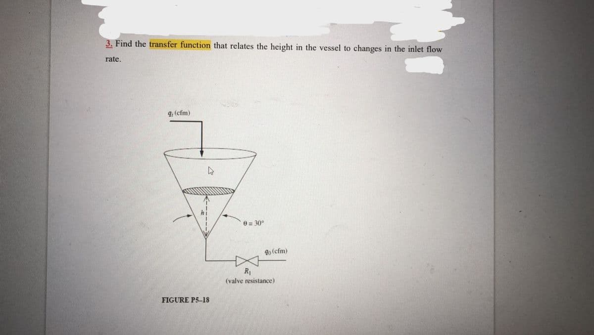 3. Find the transfer function that relates the height in the vessel to changes in the inlet flow
rate.
9; (cfm)
k
FIGURE P5-18
0=30°
90 (cfm)
R₁
(valve resistance)