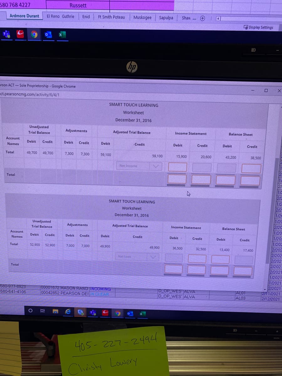 580 768 4227
Russett
Ardmore Durant
El Reno Guthrie
Enid
Ft Smith Poteau
Muskogee
Sapulpa
Shaw ... +
Display Settings
国
hp
arson ACT - Sole Proprietorship - Google Chrome
O X
ct.pearsoncmg.com/activity/6/4/1
SMART TOUCH LEARNING
Worksheet
December 31, 2016
Unadjusted
Trial Balance
Adjustments
Adjusted Trial Balance
Income Statement
Balance Sheet
Account
Debit
Credit
Debit
Credit
Debit
Names
Credit
Debit
Credit
Debit
Credit
Total
49.700
49,700
7 300
7,300
59,100
59,100
15,900
20,600
43,200
38,500
Net Income
Total
1/2
2/2
1/2
2/2
1/20
1/20
2/20
1/20
1/20
1/202
2/202
2/202
2/202
2/202
2/2021
1/2021
1/2021
2/2021
12/11/2021
2/12/2021
SMART TOUCH LEARNING
Worksheet
December 31, 2016
Unadjusted
Adjustments
Adjusted Trial Balance
Trial Balance
Income Statement
Balance Sheet
Account
Names
Debit
Credit
Debit
Credit
Debit
Credit
Debit
Credit
Debit
Credit
Total
52,900
52,900
7,000
7,000
49,900
49,900
36,500
32,500
13,400
17,400
Aatioss
Total
580-977-8823
580-541-4106
00001672 MASON RAND INCOMING
00042852 PEARSON DEIIN CLEAR
D OP WES ALVA
D OP WES ALVA
ALO1
AL03
SOurce
405- 227-2494
Chisty Lowery
