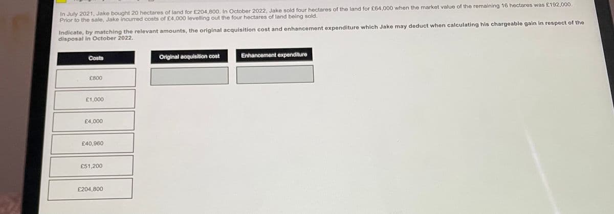 In July 2021, Jake bought 20 hectares of land for £204,800. In October 2022, Jake sold four hectares of the land for £64,000 when the market value of the remaining 16 hectares was £192,000.
Prior to the sale, Jake incurred costs of £4,000 levelling out the four hectares of land being sold.
Indicate, by matching the relevant amounts, the original acquisition cost and enhancement expenditure which Jake may deduct when calculating his chargeable gain in respect of the
disposal in October 2022.
Costs
£800
£1,000
£4,000
£40,960
£51,200
£204,800
Original acquisition cost
Enhancement expenditure