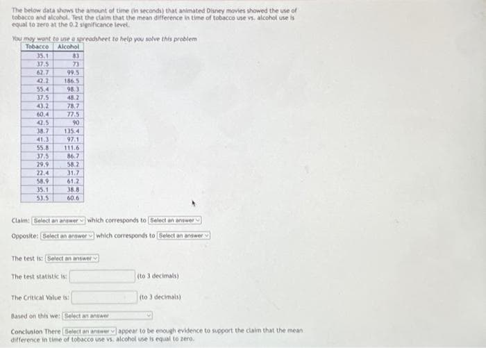 The below data shows the amount of time (in seconds) that animated Disney movies showed the use of
tobacco and alcohol. Test the claim that the mean difference in time of tobacco use vs. alcohol use is
equal to zero at the 0.2 significance level.
You may want to use a spreadsheet to help you solve this problem
Tobacco
Alcohol
35.1
37.5
62.7
99.5
42.2 186.5
55.4
37.5
43.2
60.4
42.5
38.7
41.3
55.8
37.5
29.9
22.4
58.9
35.1
53.5
83
73
98.3
48.2
78.7
77.5
90
135.4
97.1
111.6
86.7
58.2
31.7
61.2
38.8
60.6
Claim: Select an answer which corresponds to Select an answer
Opposite: Select an answer which corresponds to Select an answer
The test is: [Select an answer
The test statistic is:
The Critical Value is:
(to 3 decimals)
(to 3 decimals)
Based on this we: [Select an answer
Conclusion There Select an answer v appear to be enough evidence to support the claim that the mean
difference in time of tobacco use vs. alcohol use is equal to zero.