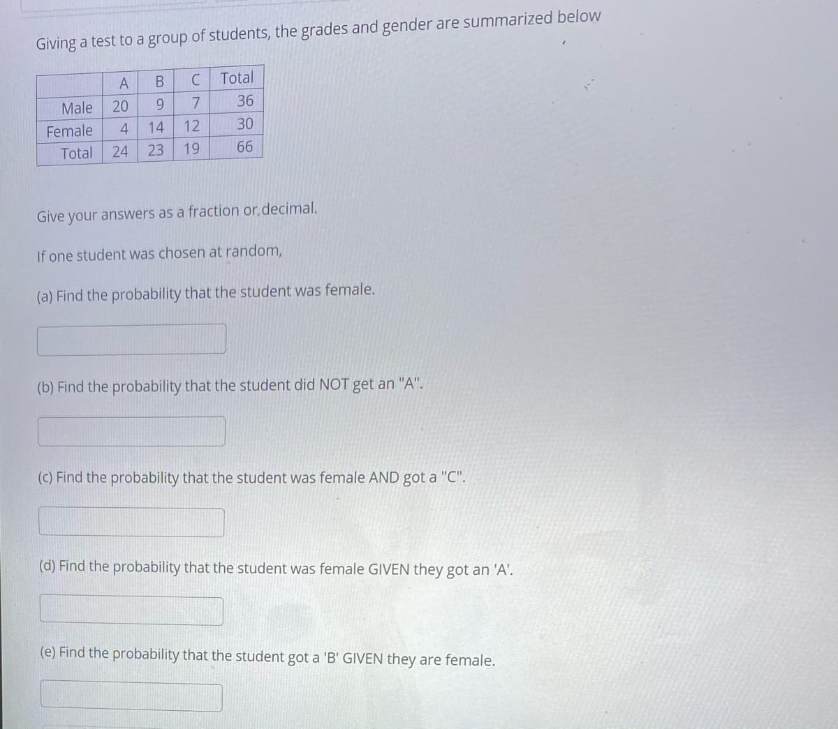 ### Probability and Statistics: Analysis of Student Grades by Gender

#### Problem Statement:
A test was administered to a group of students, and their grades along with gender are summarized in the table below:

|       | A  | B  | C  | Total |
|-------|----|----|----|-------|
| Male  | 20 | 9  | 7  | 36    |
| Female| 4  | 14 | 12 | 30    |
| Total | 24 | 23 | 19 | 66    |

#### Tasks:
Given the above data, each task involves finding probabilities based on this distribution. Provide your answers as fractions or decimals.

1. **Find the probability that the student was female:**

2. **Find the probability that the student did NOT get an "A":**

3. **Find the probability that the student was female AND got a "C":**

4. **Find the probability that the student was female GIVEN they got an "A":**

5. **Find the probability that the student got a 'B' GIVEN they are female:**