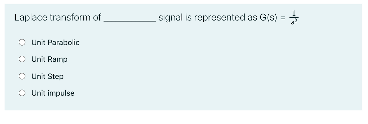 Laplace transform of
signal is represented as G(s)
s2
Unit Parabolic
Unit Ramp
Unit Step
O Unit impulse
