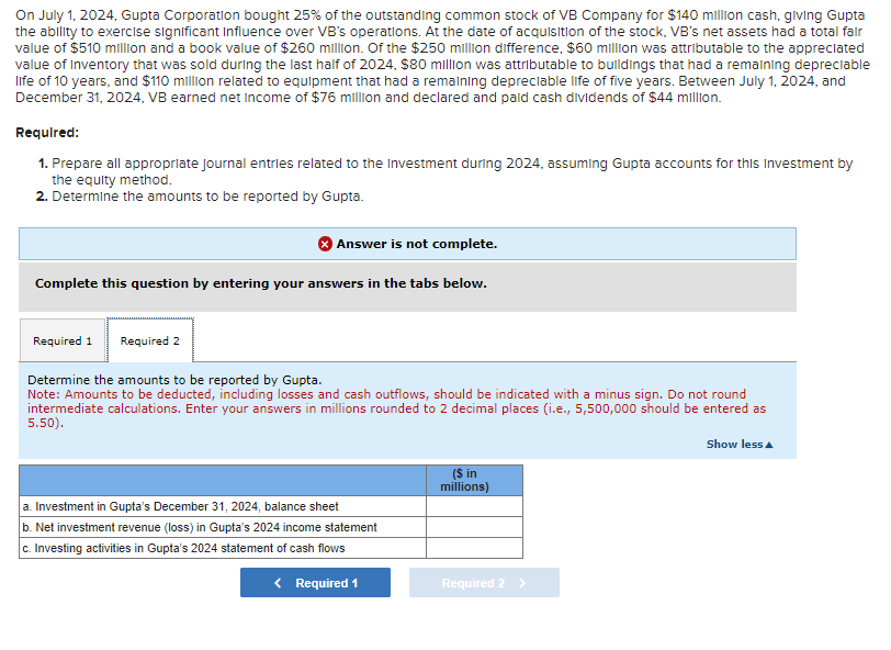 On July 1, 2024, Gupta Corporation bought 25% of the outstanding common stock of VB Company for $140 million cash, giving Gupta
the ability to exercise significant influence over VB's operations. At the date of acquisition of the stock, VB's net assets had a total fair
value of $510 million and a book value of $260 million. Of the $250 million difference, $60 million was attributable to the appreciated
value of Inventory that was sold during the last half of 2024, $80 million was attributable to buildings that had a remaining depreciable
life of 10 years, and $110 million related to equipment that had a remaining depreciable life of five years. Between July 1, 2024, and
December 31, 2024, VB earned net Income of $76 million and declared and paid cash dividends of $44 million.
Required:
1. Prepare all appropriate Journal entries related to the Investment during 2024, assuming Gupta accounts for this Investment by
the equity method.
2. Determine the amounts to be reported by Gupta.
Answer is not complete.
Complete this question by entering your answers in the tabs below.
Required 1 Required 2
Determine the amounts to be reported by Gupta.
Note: Amounts to be deducted, including losses and cash outflows, should be indicated with a minus sign. Do not round
intermediate calculations. Enter your answers in millions rounded to 2 decimal places (i.e., 5,500,000 should be entered as
5.50).
a. Investment in Gupta's December 31, 2024, balance sheet
b. Net investment revenue (loss) in Gupta's 2024 income statement
c. Investing activities in Gupta's 2024 statement of cash flows
< Required 1
($ in
millions)
Required 2 >
Show less