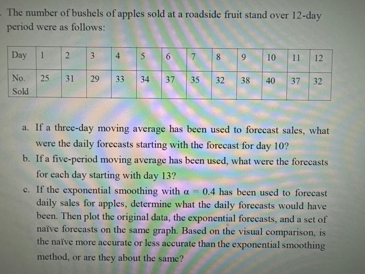 - The number of bushels of apples sold at a roadside fruit stand over 12-day
period were as follows:
7
8
9
33
34 37
35
55
32
38
Day 1
2
3
4
5
No. 25 31
29
29
Sold
10
10
11
12
40
40
37
37
32
22
a. If a three-day moving average has been used to forecast sales, what
were the daily forecasts starting with the forecast for day 10?
b. If a five-period moving average has been used, what were the forecasts
for each day starting with day 13?
c. If the exponential smoothing with a = 0.4 has been used to forecast
daily sales for apples, determine what the daily forecasts would have
been. Then plot the original data, the exponential forecasts, and a set of
naïve forecasts on the same graph. Based on the visual comparison, is
the naïve more accurate or less accurate than the exponential smoothing
method, or are they about the same?