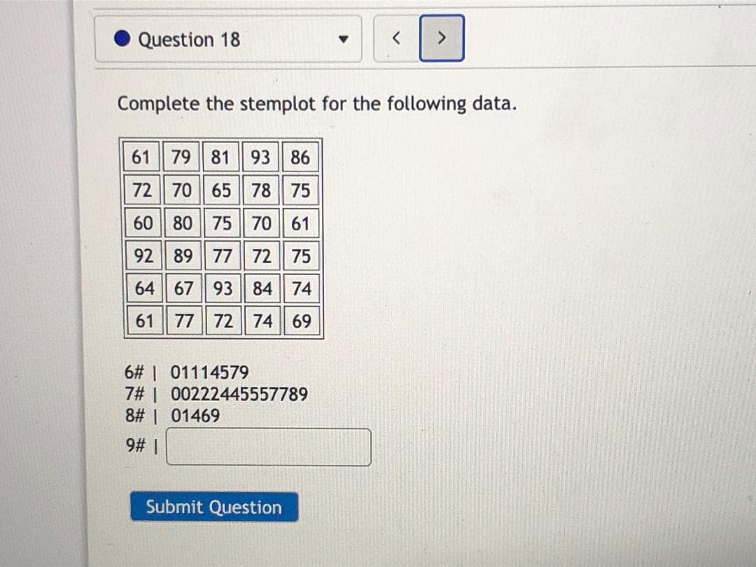 Complete the stemplot for the following data.
61 79 81 93 86
72 70 65 78 75
60 80 75 | 70 61
92 89 77 72 75
64 67 93 84 74
61 77 72 74 69
6# 1 01114579
7# 00222445557789
8# | 01469
9# 1
