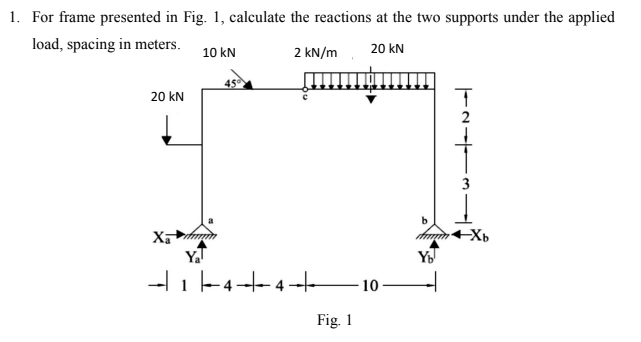 1. For frame presented in Fig. 1, calculate the reactions at the two supports under the applied
load, spacing in meters.
2 kN/m 20 kN
20 kN
Xa
10 kN
Y₁¹
45
+14+4+ 10
Fig. 1
Yb
TL31
2
←Xb