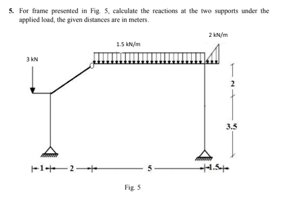 5. For frame presented in Fig. 5, calculate the reactions at the two supports under the
applied load, the given distances are in meters.
3 kN
1+2+
1.5 kN/m
Fig. 5
10
2 kN/m
1.5
T
2
3.5