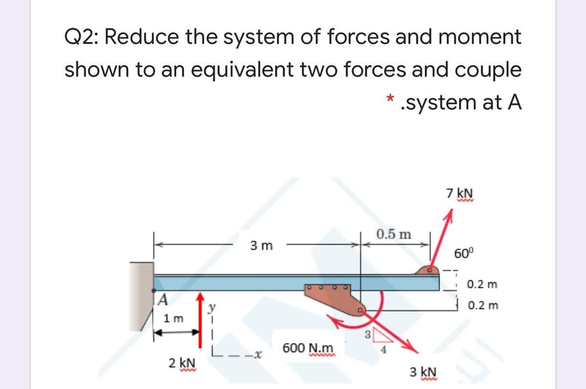 Q2: Reduce the system of forces and moment
shown to an equivalent two forces and couple
.system at A
7 kN
0.5 m
3 m
60°
0.2 m
0.2 m
1m
L- -x
600 N.m
2 kN
3 kN
ww
