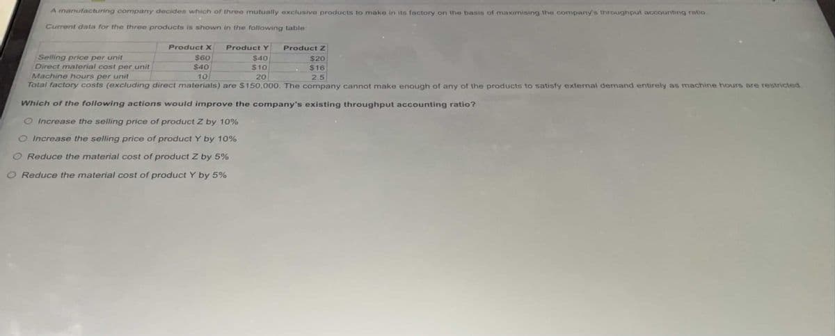 A manufacturing company decides which of three mutually exclusive products to make in its factory on the basis of maximising the company's throughput accounting ratio.
Current data for the three products is shown in the following table:
Product X
Product Y
Product Z
$20
Selling price per unit
$60
$40
Direct material cost per unit
$40
$10
$16
Machine hours per unit
10
20
2.5
Total factory costs (excluding direct materials) are $150,000. The company cannot make enough of any of the products to satisfy external demand entirely as machine hours are restricted.
Which of the following actions would improve the company's existing throughput accounting ratio?
Increase the selling price of product Z by 10%
Increase the selling price of product Y by 10%
Reduce the material cost of product Z by 5%
O Reduce the material cost of product Y by 5%