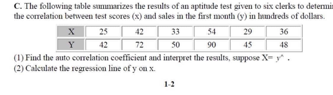 C. The following table summarizes the results of an aptitude test given to six clerks to determir
the correlation between test scores (x) and sales in the first month (y) in hundreds of dollars.
25
42
33
54
29
36
Y
42
72
50
90
45
48
(1) Find the auto correlation coefficient and interpret the results, suppose X= y^ .
(2) Calculate the regression line of y on x.
1-2
