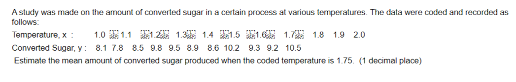 A study was made on the amount of converted sugar in a certain process at various temperatures. The data were coded and recorded as
follows:
Temperature, x :
1.0 SEP 1.1 SEP 1.2 1.3 SEP 1.4 SEP 1.5 SEP 1.6 SEP 1.7 1.8 1.9 2.0
Converted Sugar, y: 8.1 7.8 8.5 9.8 9.5 8.9 8.6 10.2 9.3 9.2 10.5
Estimate the mean amount of converted sugar produced when the coded temperature is 1.75. (1 decimal place)