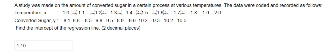 A study was made on the amount of converted sugar in a certain process at various temperatures. The data were coded and recorded as follows:
Temperature, x :
1.0 SEP 1.1 SEP 1.2 SEP 1.3 SEP 1.4 SEP 1.5
Converted Sugar, y: 8.1 8.8 8.5 9.8 9.5 8.9 8.6 10.2
Find the intercept of the regression line. (2 decimal places)
SEP 1.6 SEP 1.7 1.8 1.9 2.0
9.3 10.2 10.5
1.10