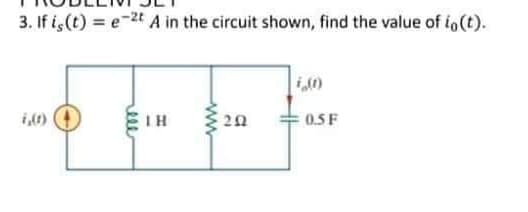 3. If is (t) = e-²t A in the circuit shown, find the value of io(t).
1,(1)
ΤΗ
202
i(1)
0.5 F