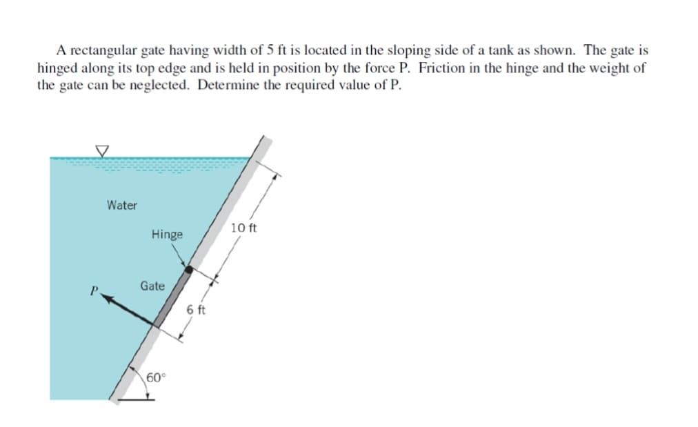 A rectangular gate having width of 5 ft is located in the sloping side of a tank as shown. The gate is
hinged along its top edge and is held in position by the force P. Friction in the hinge and the weight of
the gate can be neglected. Determine the required value of P.
Water
Hinge
Gate
60°
6 ft
10 ft